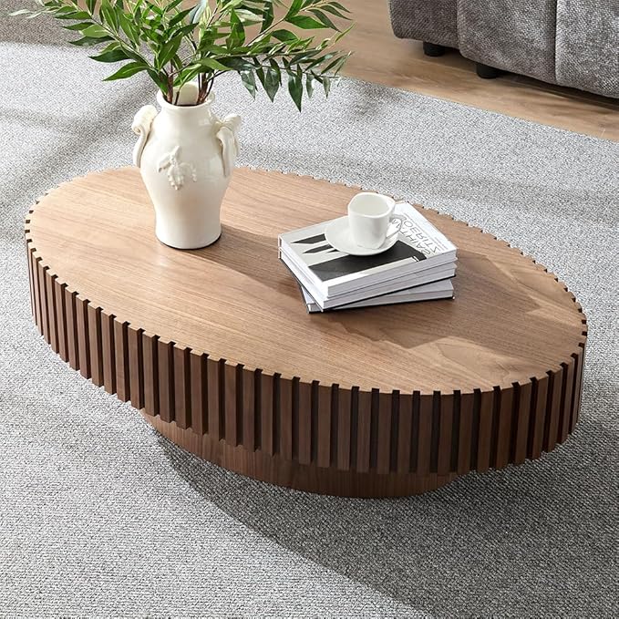 WILLIAMSPACE 43.7" Oval Coffee Table, Modern Luxury Wood Drum Center Table for Living Room, Handcraft Accent Side End Table for Apartment, 43.7"*24.8"*13.78"H (Walnut)