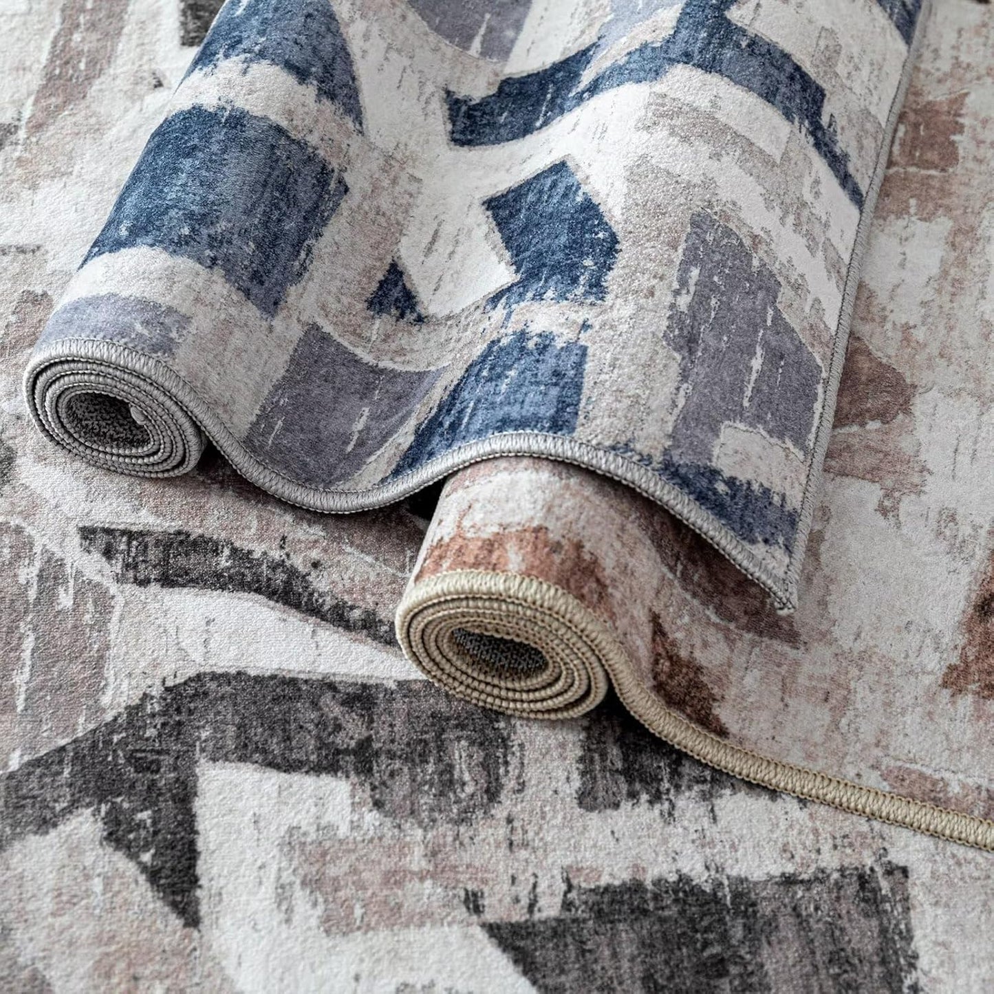 Modern Abstract Blue 5X7 Area Rug for Living Room Bedroom Washable, with Non-Slip Rubber Backing Print Faux Wool Thin, Throw Large Carpet for Kids Playroom Dining Room Pet & Child Friendly