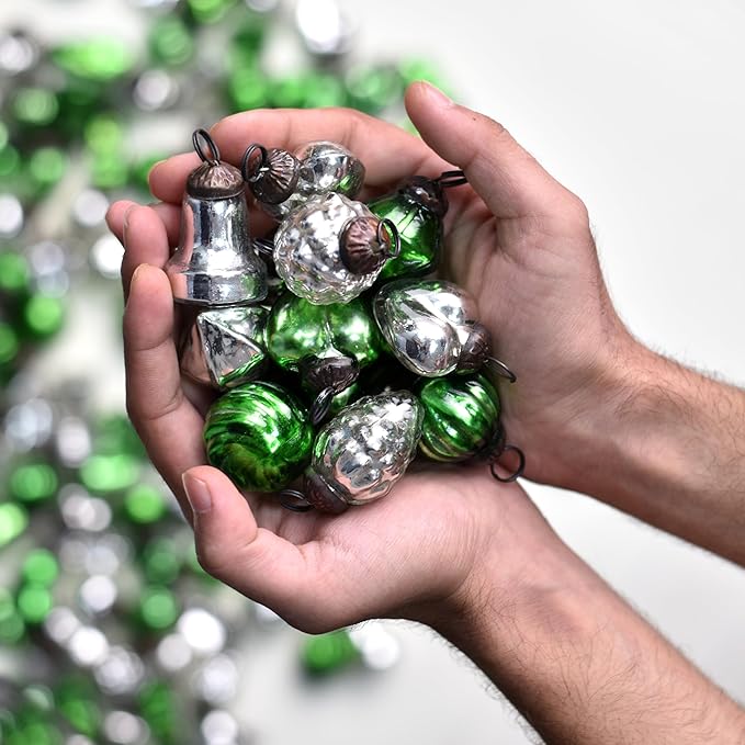 75 Pieces Glass Silver Green Christmas Ornaments Decorative Mercury Mini Vintage Bulk Hanging Ornaments for Halloween, Christmas Tree, New Year, Valentine Day, Holidays, Event and Wedding Party Decor