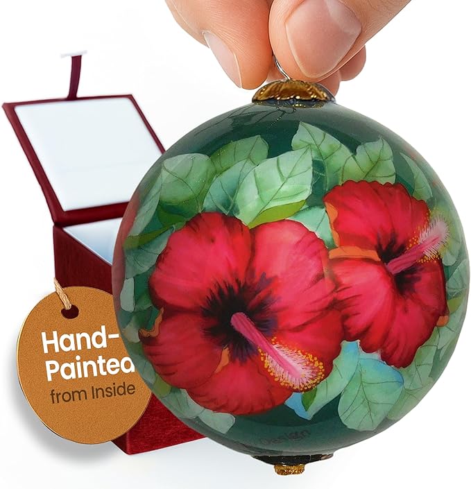Collectible Maui Christmas Ornament Red Hibiscus Hand Painted from Inside The Glass with Gift Box HCC/M
