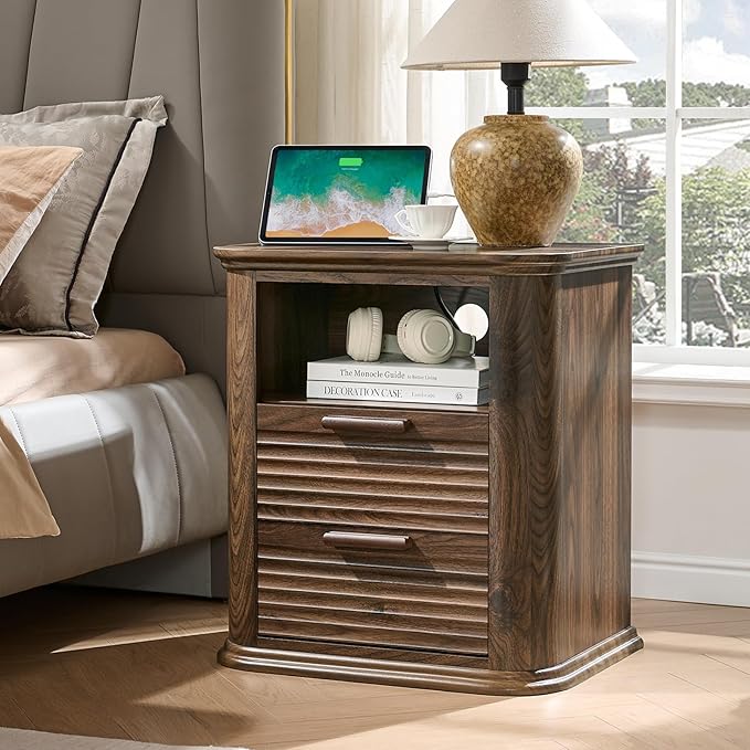 Okvnbjk 22" Fluted Nightstand Set of 2 with Charging Station, Modern End Table with 2 Drawers & Open Storage, Bedside Table for Living Room, Bedroom, Side Tables Curved Profile Design, Dark Walnut