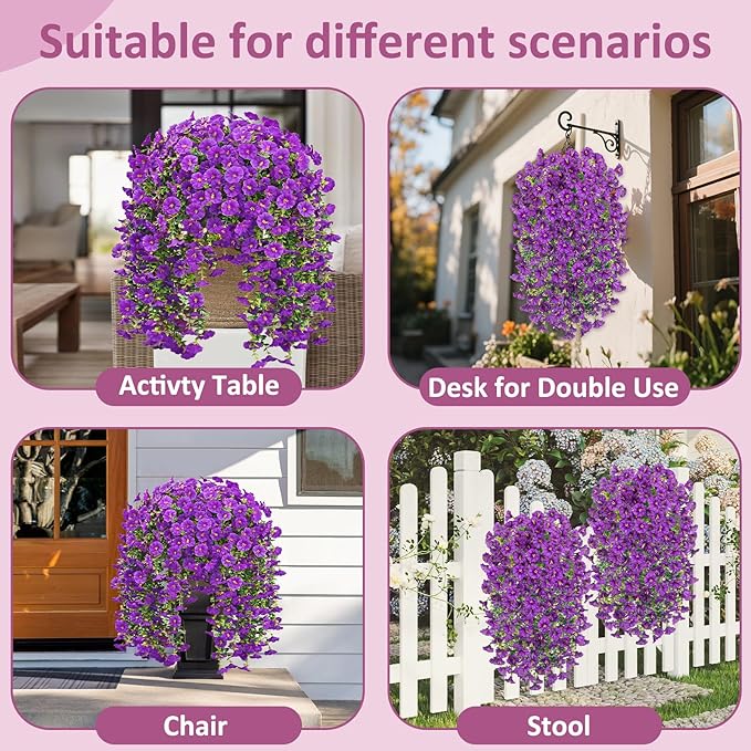 Rich and Eye-catching 5 PCS Artificial Hanging Flowers，Silk Morning Glory Faux Flowers with Eucalyptus Leaves,uv Resistant Fake Hanging Petunias Plants for Yard Decoration(Purple)