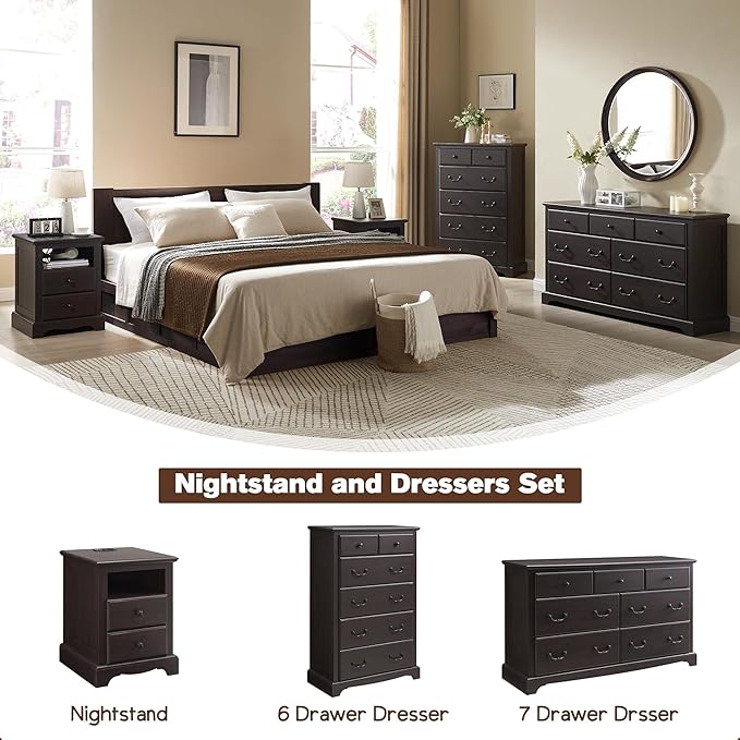 T4TREAM Nightstand with Charging Station Set of 2, Wood Rustic Sofa Side Table with Open Storage Shelf, 18 Inch Vintage End Table with 2 Drawers for Living Room, Bedroom, Espresso