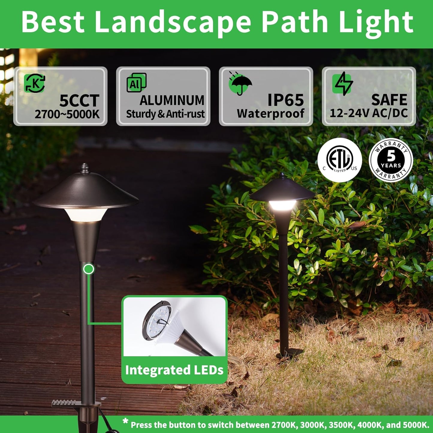 Low Voltage Landscape Sidewalk Lighting - 5 Color Temperature Led Pathway Lights Wired, 12v Walkway Light IP65 Waterproof, Oil Rubbed Bronze Aluminum 5W 200LM for Backyard Garden (4 Pack)
