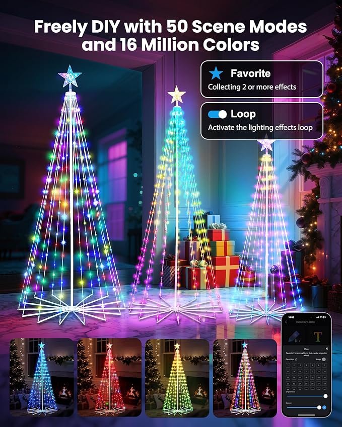 Smart Christmas Cone Tree LED Light, 6/7/8ft 900 LED Music Sync with Remote APP and Local Control, Pattern and Text Displayable, 16 Million Colors Light Show Tree for Indoor Outdoor Decorations