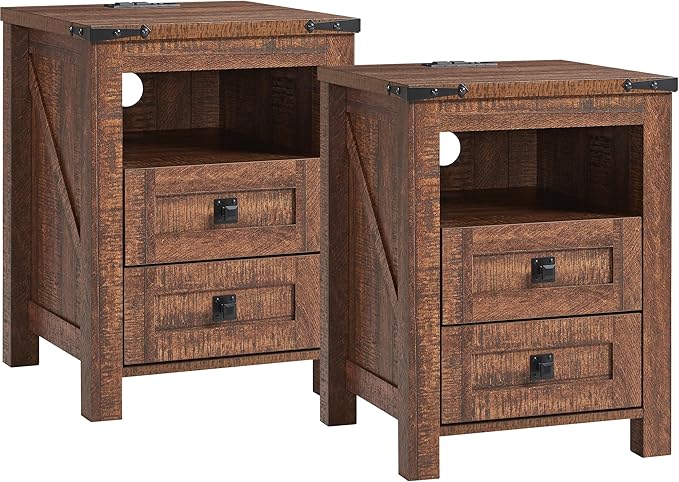 T4TREAM Farmhouse Nightstand Set of 2 with Charging Station, Rustic End Table with 2 Drawers, Storage Open Shelf for Bedroom, Living Room, Wood Side Table, Reclaimed Barnwood