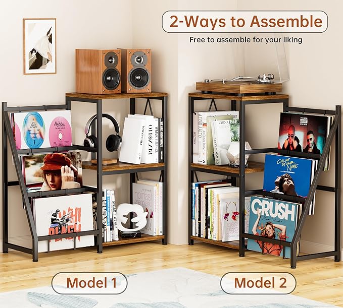 Y&M Record Player Stand with Vinyl Storage, Vinyl Record Shelf Holds Up to 200 Albums, 3-Tier Turntable Stand Table, Record Display Shelf for Album CD, End Table for Bedroom, Living Room