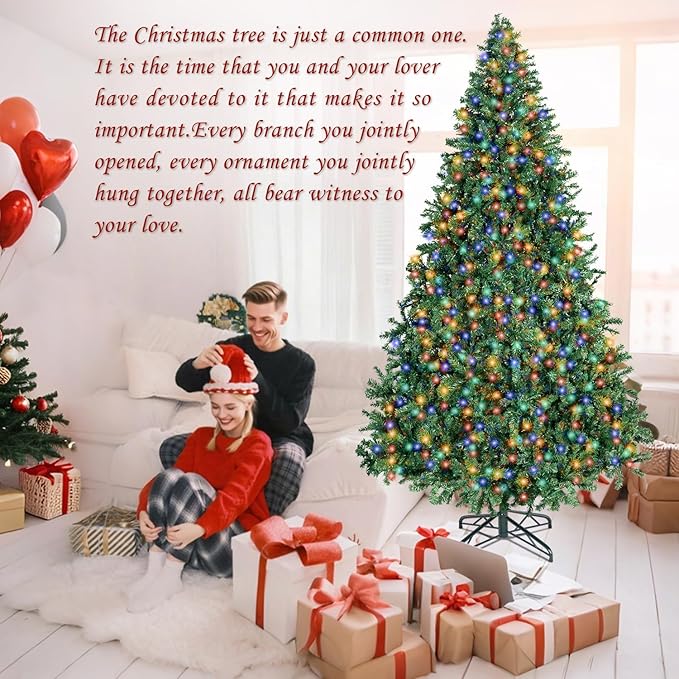 ININ 8FT Prelit Christmas Spruce Artificial Tree with Led Lights, Lighted Christmas Tree，Hinged Full Xmas Tree for Home Party Decoration,750 LED Lights,2168 Branch Tips, Metal Hinges & Foldable Base.