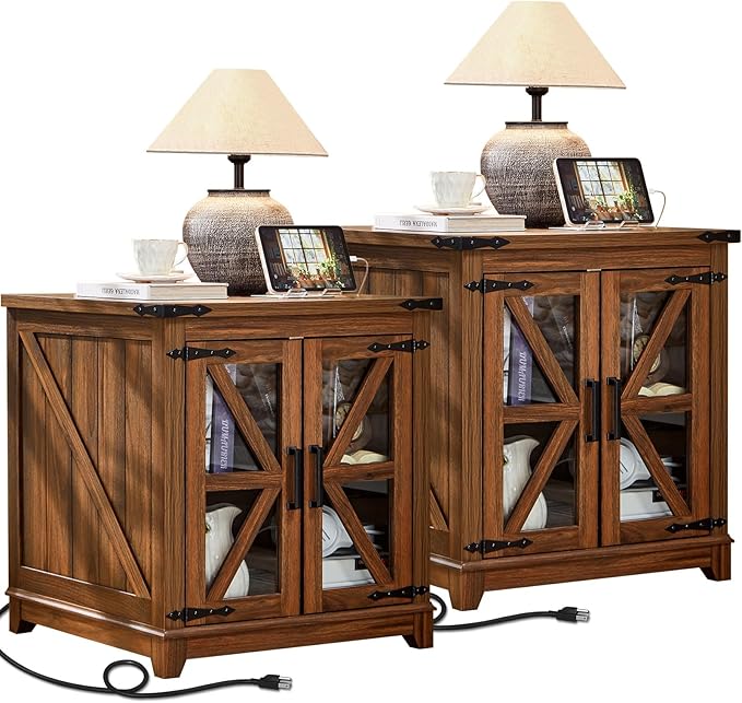 Farmhouse End Table Set of 2,24" Large Sofa Side Table with Charging Station Glass Barn Door,Wood Nightstand with Adjustable Storage Shelf,Square Bedside Table for Living Room,Bedroom,Office-Brown