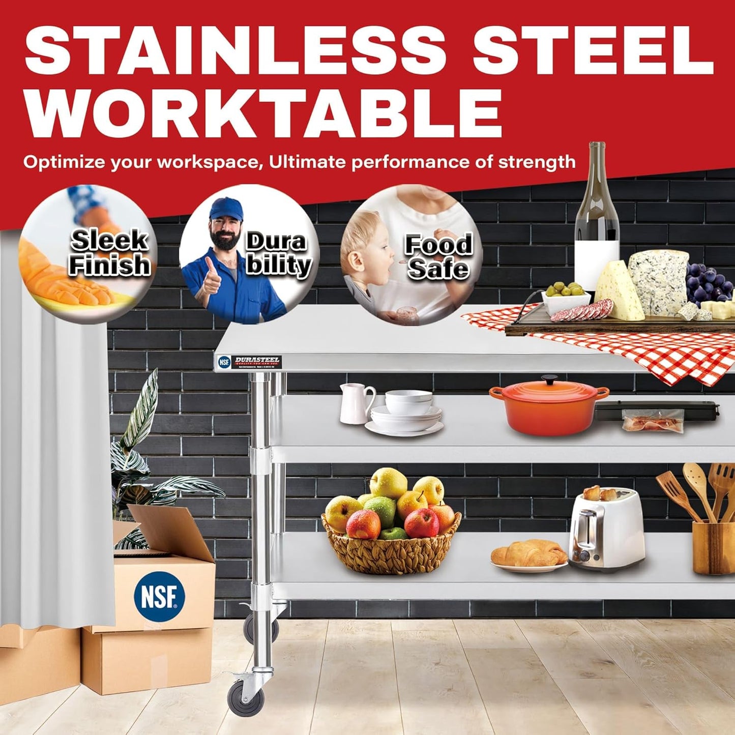 DuraSteel Stainless Steel Work Table 30" x 72" x 34" Height w/ 4 Caster Wheels - Food Prep Commercial Grade Worktable - NSF Certified - Good for Restaurant, Business, Warehouse, Home, Kitchen, Garage