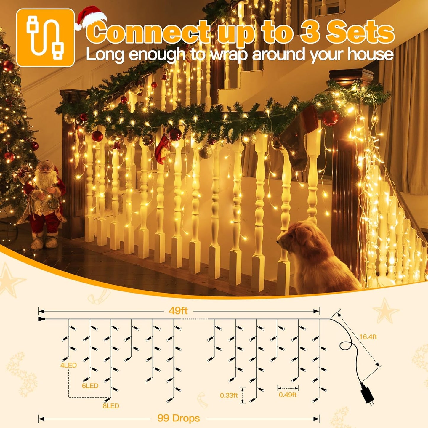 Ollny Icicle Lights Outdoor Warm White, 594LED 49FT Christmas Lights with Remote 8 Modes Dimmable, Waterproof Connectable Timer Hanging Lights for House Outside Yard Indoor Decorations