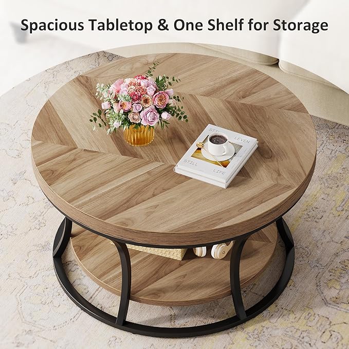Round Coffee Table for Living Room, 2-Tier Circle Coffee Table with Storage, Accent Center Table Modern Design, Wooden Grain and Black