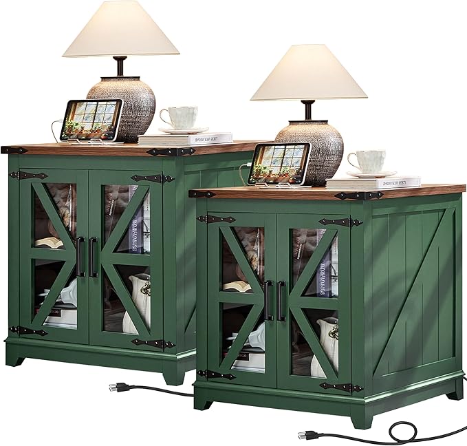 Farmhouse End Table Set of 2, 24" Large Sofa Side Table with Charging Station Glass Barn Door, Wood Nightstand with Adjustable Storage Shelf, Square Bedside Table for Living Room, Bedroom,Office-Green