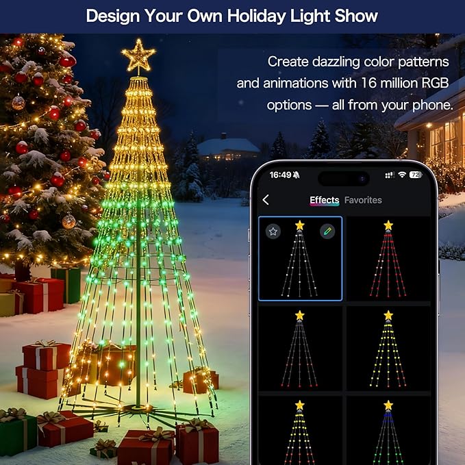 Christmas Cone Tree Lights, 8.5ft 460 LEDs Christmas Tree Lights with App Control, IP67 Waterproof Outdoor String Lights for Xmas Decorations,100+ Scene Modes, Music Sync,Adapter,Black Stand