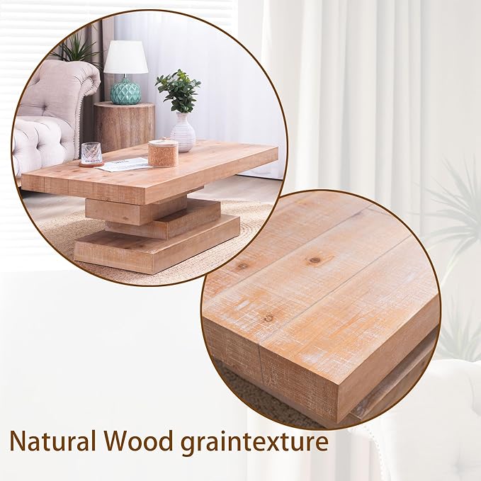 WILLIAMSPACE 47.6" Rectangular Wood Coffee Table with Wood Block Base, Modern Rustic Center Table for Living Room, Farmhouse Style Side End Table Furniture, Natural
