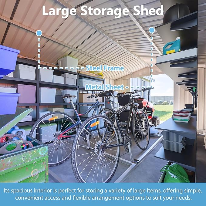 10x14 FT Extra Large Outdoor Metal Storage Shed with Side Door & Floor Frame, Lockable Double Doors, Heavy Duty Waterproof Garden Tool Shed for Backyard, Lawn Equipment, Patio & Utility Storage