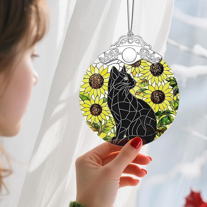Stained Glass Ornament, Christmas Ornament, Hanging Ornaments for Home Decor & Christmas Tree Ornaments – Exquisite Holiday Decor, Cat Lovers Gifts, Xmas Gifts & Holiday Present - Black Cat
