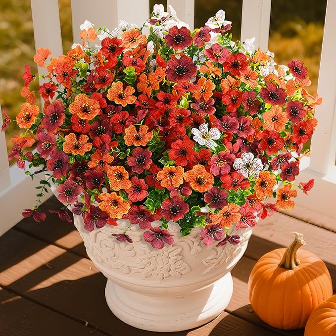 Artificial Fall Flowers for Outdoor, 12 Bundles Multicolor Fake Fall Plants for Decoration, UV Resistant No Fade Faux Mums Silk Flower for Autumn Porch Patio Planters Yard Garden