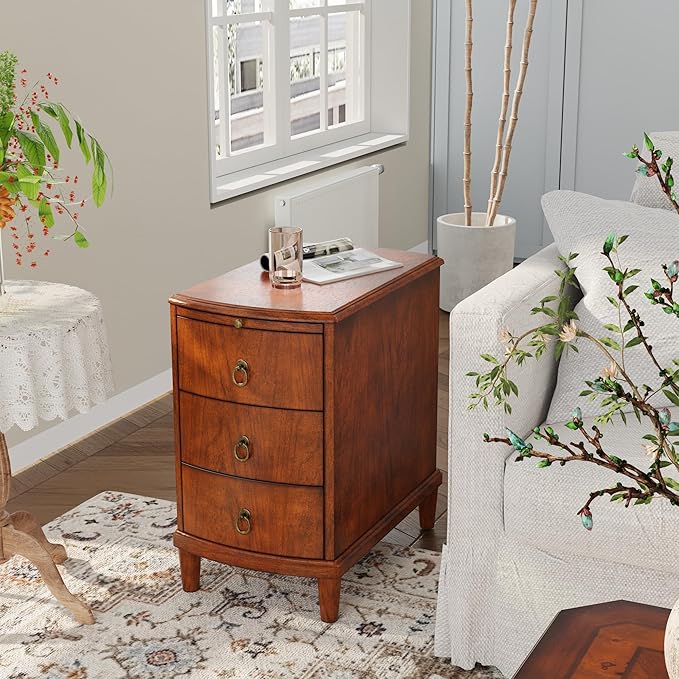 2 Set Solid Wood End Table with 3 Drawers, Cherry Red American Style Beside Table with Slide-Out Coffee Tray, Sofa Chair Side Table Nightstand for Living Room Bedroom, Rustic Wood Grain Accent Table