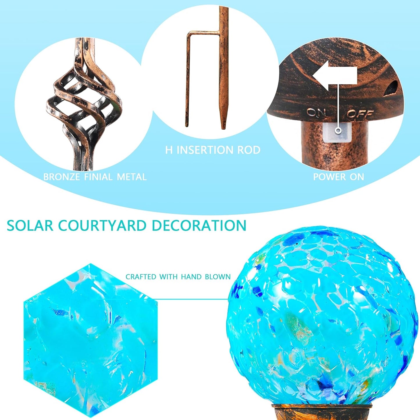 Garden Solar Lights, Decorative LED Honeycomb Glass Ball Garden Stake, Glass and Metal Outdoor Decoration, 4 x 31 Inch (Light Blue)