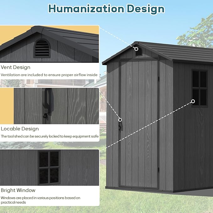 Greesum 4x6FT Plastic Storage Shed with Floor, Resin Outdoor Storaged Sheds with Lockable Door, All Weather Durable Tool Shed with Window and Vent, for Garden, Backyard, Patio, Dark Gray