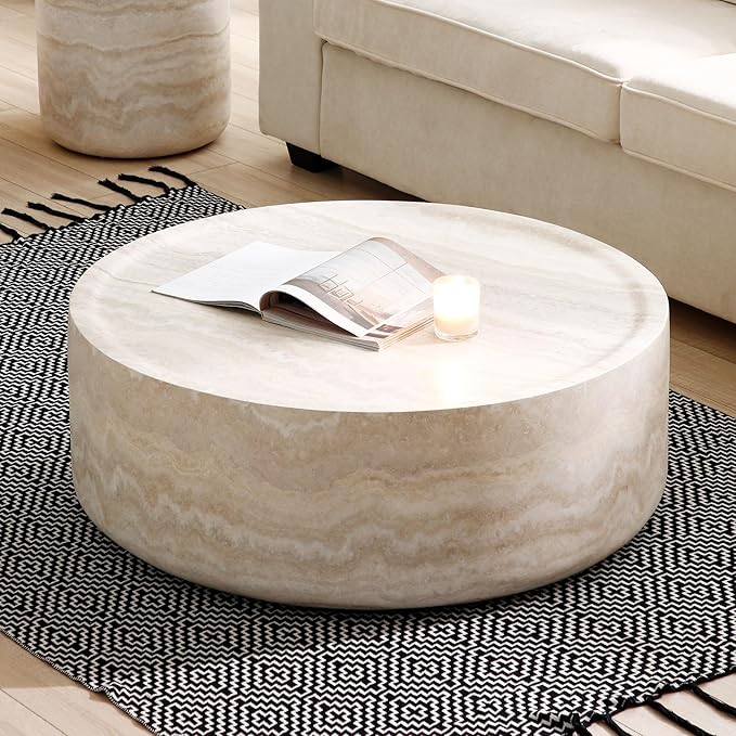 Round Mars Pattern Coffee Table for Living Room Modern Faux Stone Coffee Tables for Apartment, No Need Assembly, Fiberglass Material Faux Travertine Textured Marble Pattern (ø35.43" x 12")