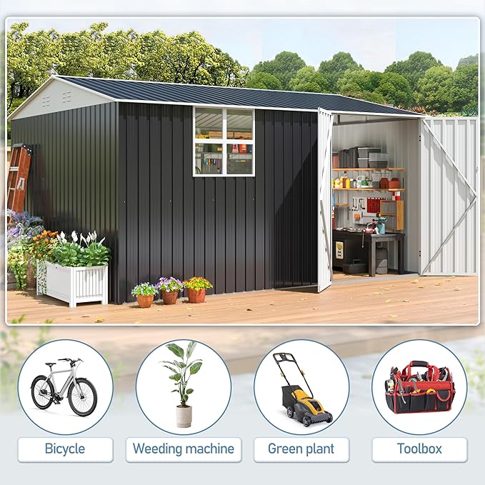 10x12 FT Outdoor Metal Storage Shed with Window, Large Lockable Metal Garden Tool Shed with Heavy-Duty Frame for Backyard, Patio, and Lawn, Black