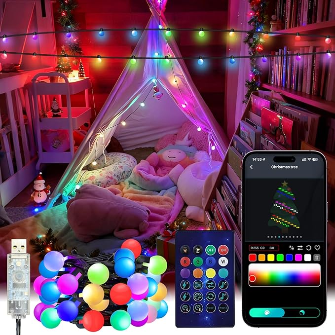 16.4Ft Smart Globe String Lights, 25 Dimmable RGB Mini Color Changing LED String Lights with App & Remote Control Music Rhythm Timer for Halloween Christmas Indoor Bedroom Party Decor