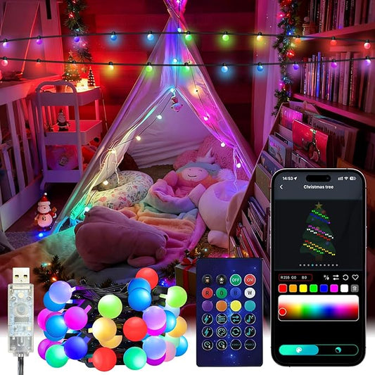 16.4Ft Smart Globe String Lights, 25 Dimmable RGB Mini Color Changing LED String Lights with App & Remote Control Music Rhythm Timer for Halloween Christmas Indoor Bedroom Party Decor