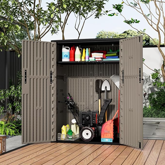 ZZM 57 Cu.ft Outdoor Storage Shed with Floor HDPE Double-Wall Resin Sheds Outdoor Storage, Lockable Weatherproof Storage Cabinet Fit for Garden Tools, Garage can, Bike, Patio Furniture, Coffee