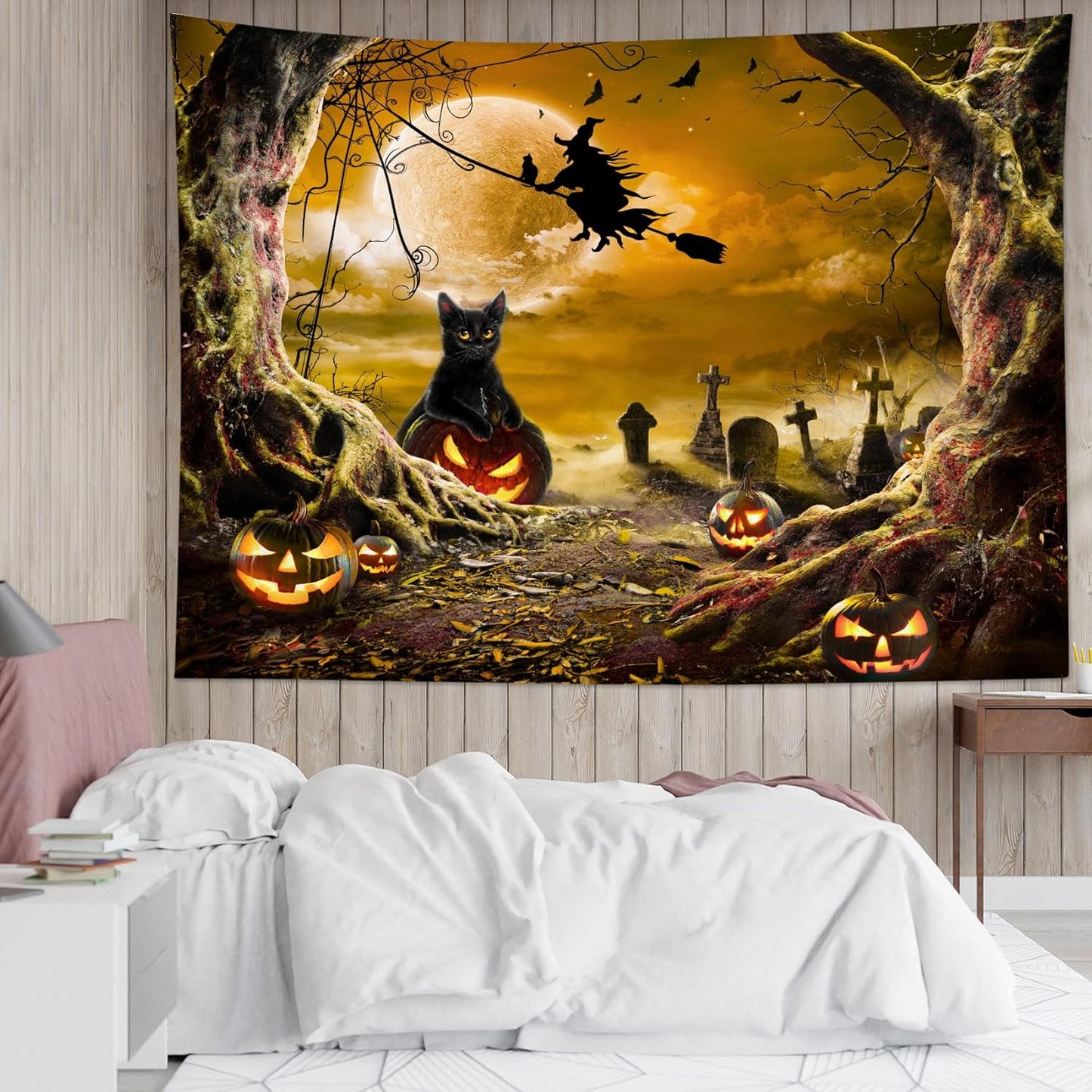 LB Halloween Wall Tapestry with Horror Witch, Cat, Dead Tree, Pumpkin Lights, Spooky Graveyard, Orange Full Moon over Misty Forest - 92.5x70.9 Inches for Bedroom, Living Room, Dorm