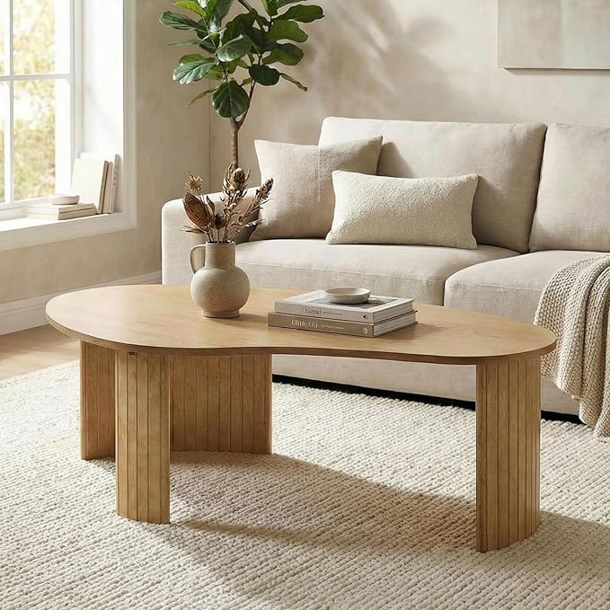 Modern Wood Coffee Table 47.25 Inch for Living Room, Natural Boho Center Table with Irregular Mango Top and Fluted Legs for Apartment