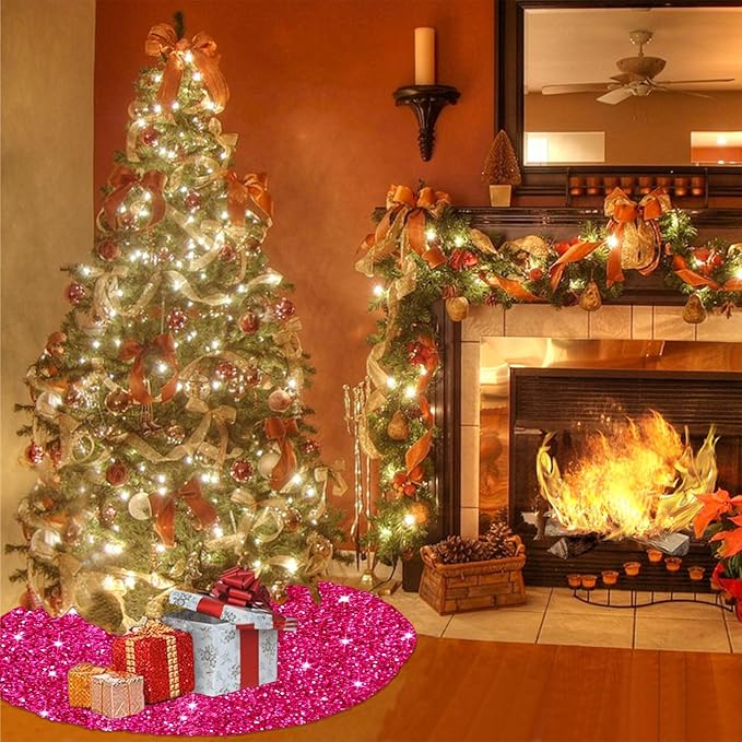 FUHSY Hot Pink Christmas Tree Skirt Sequin Glitter Velvet Tree Skirt 46 Inch Fuchsia Round Tree Skirts Luxury Thick Xmas Tree Mat Sequence Tree Collar for Christmas Tree Indoor Decor