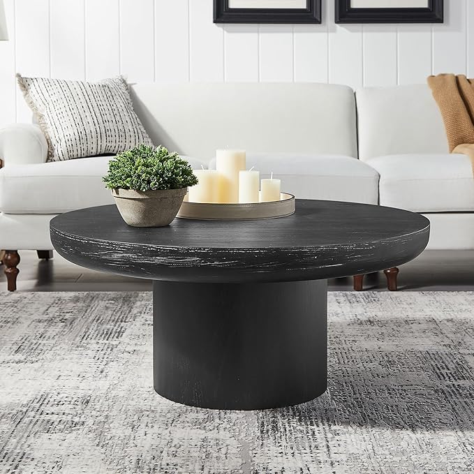 36" Round Coffee Table with Cylindrical Leg,Modern Wood Coffee Table with MDF and Veneer Finish, Retro Style Center Table for Living Room and Office (Black)