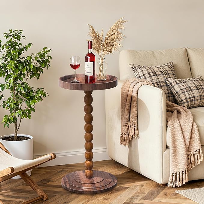 Round Side Table, Small Drink Table for Small Spaces, Martini Table with Raised Edge, Pedestal Side Table for Living Room, Bedroom,Sofa and Couch