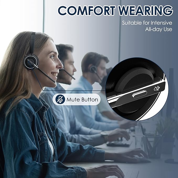 (2025 Upgraded) Wireless Headset with Mic for Work, Bluetooth Headset with Noise Canceling Microphone with Dongle, Charging Base & Mic Mute, Wireless Headphones for Work from Home/PC/Computer