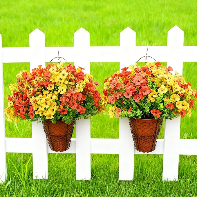 Artificial Fall Flowers for Outdoor Indoor Realistic Faux Flower Garden Home Decoration, Hanging Autumn Fall Decor Daisy with Eucalyptus Leaves Fake Plants Greenery Porch Patio Front Door Decors