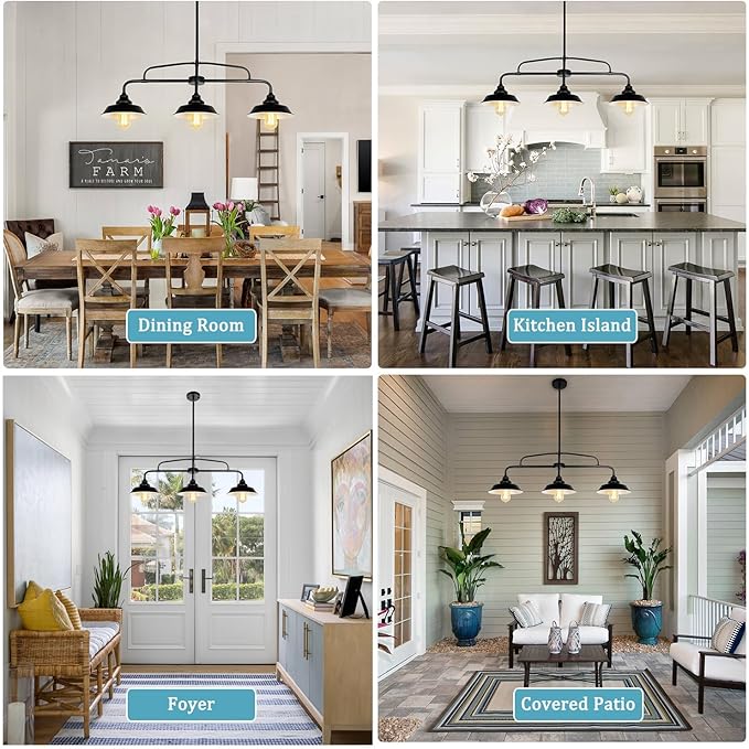 Modern Farmhouse Black Pendant Lighting Fixture, 3-Lights Industrial Linear Chandelier Metal Hanging Lamp for Kitchen Island Dining Room Living Room Hallway Pool Table