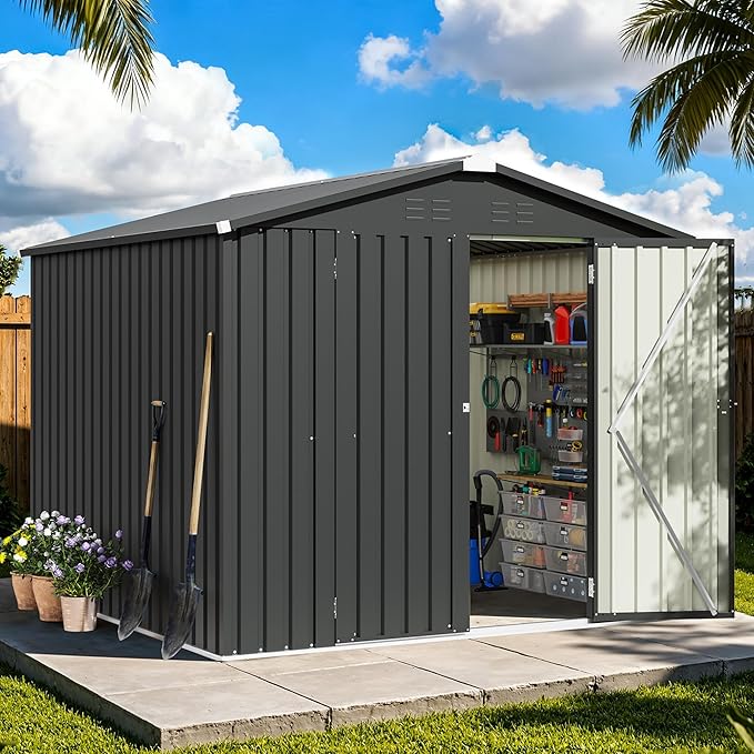 Patiowell 8x8 FT Outdoor Storage Shed, Heavy Duty Tool Metal Sheds with Lockable Doors and Updated Frame Structure for Backyard Patio Lawn, Black