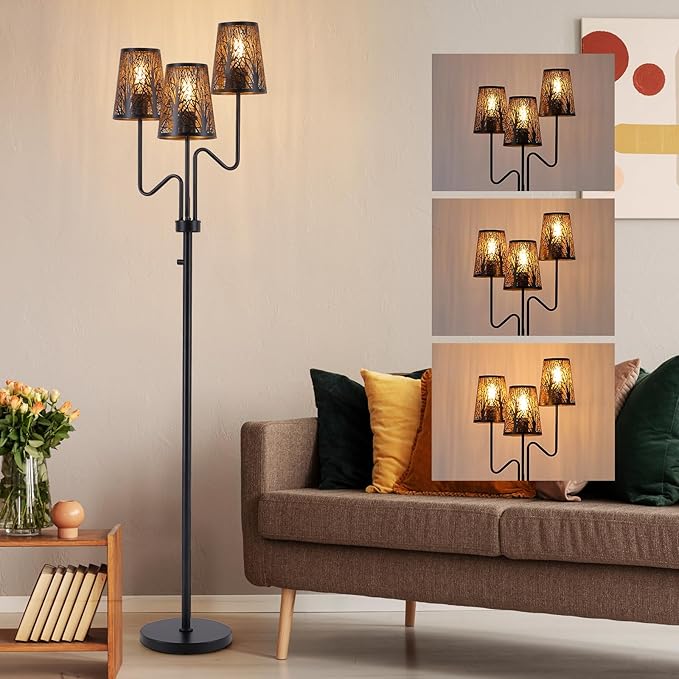 9MMML 3-Light Black Dimmable Floor Lamp for Living Room Bedroom 68'' Tall Standing Lamp with Metal Hollow Shades, 3 x E26 LED Bulb Included