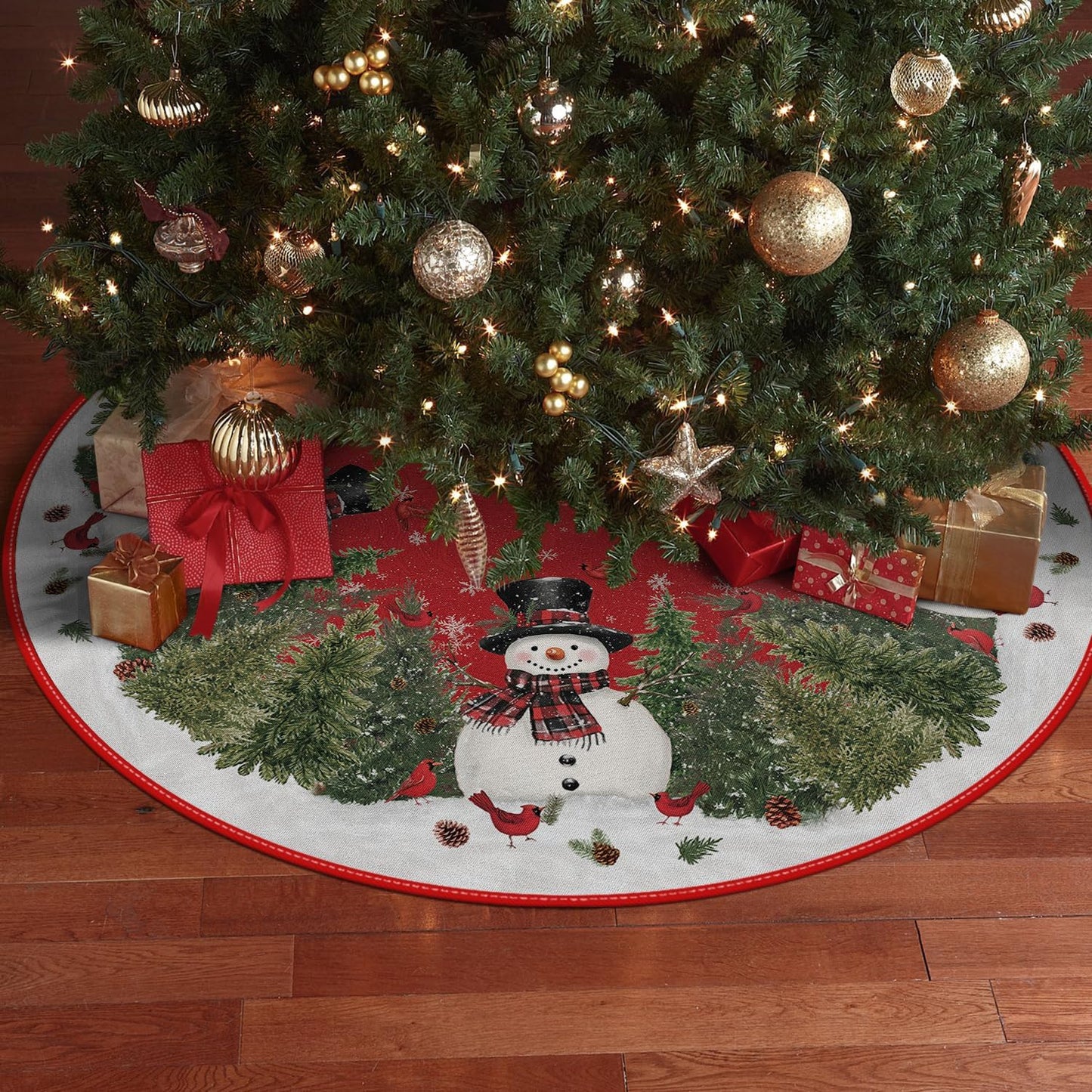 AVOIN colorlife Cardinals Cedar Snowman with Scarf Christmas Tree Skirt, Xmas Winter Holiday Party Tree Mat Indoor Outdoor Decoration 36 Inch