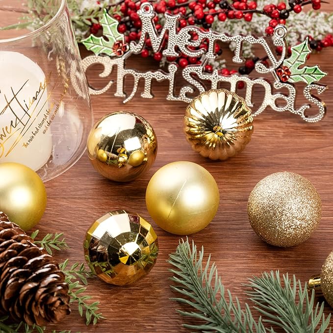 XmasExp 24ct Christmas Ornaments Shatterproof Christmas Ball Ornaments Set Decorations for Xmas Tree Balls 40mm/1.57" (1.57'', Gold)