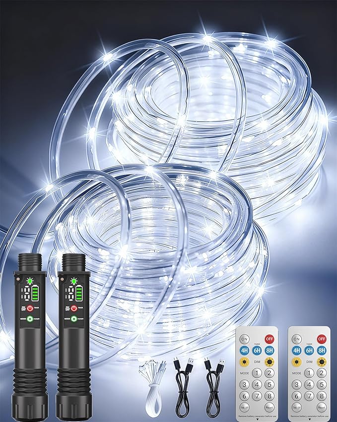 Rechargeable Rope Lights, 39FT 120LED Outdoor Waterproof String Lights with 1200mah Portable Rechargeable Battery, Timing & 8 Modes for Party Christmas Camping DIY Tree trampoline - Cool White 2 Pack