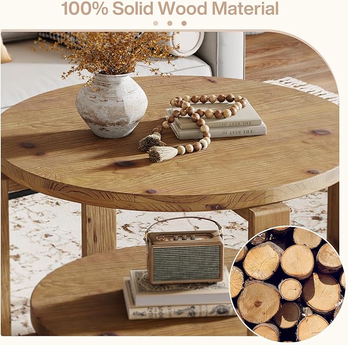 Tribesigns 30" Solid Wood Coffee Table, Round Small Coffee Table with 2-Tier Storage for Living Room, Farmhouse Brown Round Solid Wood Accent, Circle Center Furniture with Natural Texture Design