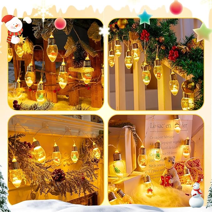 Brightown Indoor Christmas Lights, 7.5FT Battery Powered String with Santa, Gifts and Adorable Ornaments Inside Snow Globes, Ideal for Tree, Party, Garland Decor