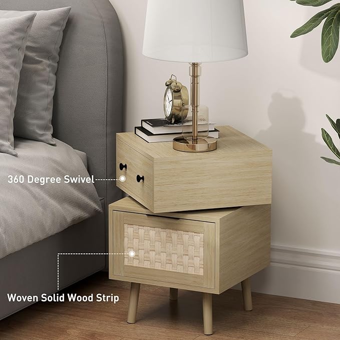 Bonzy Home Nightstand with Storage, 23" Side Table with Woven Doors, Bedside Table with 360° Rotating for Living Room, Bedroom, Oak