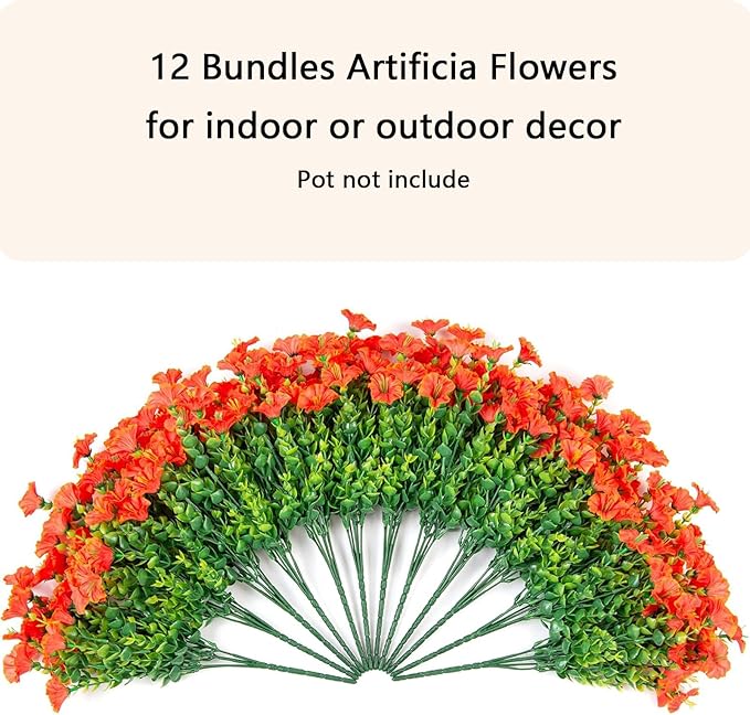 Artificial Fake Flowers Plant for Outdoors, 12 Bundles Faux Morning Glory UV Resistant Look Real Silk Flowers for Outside Planter Front Door Porch Patio Yard Decoration, (Fall Orange)