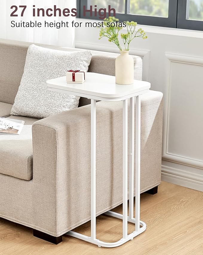 C Shaped End Table, 27 Inches High Small Side Table for Sofa and Bed, Couch Table Slides Under, Tall Tv Tray Table for Living Room, Bedroom, Metal Frame, Snow White