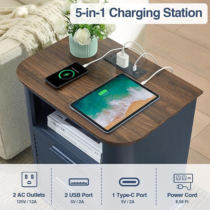 Okvnbjk 22" Fluted Nightstand Set of 2 with Charging Station, Modern End Table with 2 Drawers & Open Storage, Bedside Table for Living Room, Bedroom, Side Tables Curved Profile Design, Navy Blue