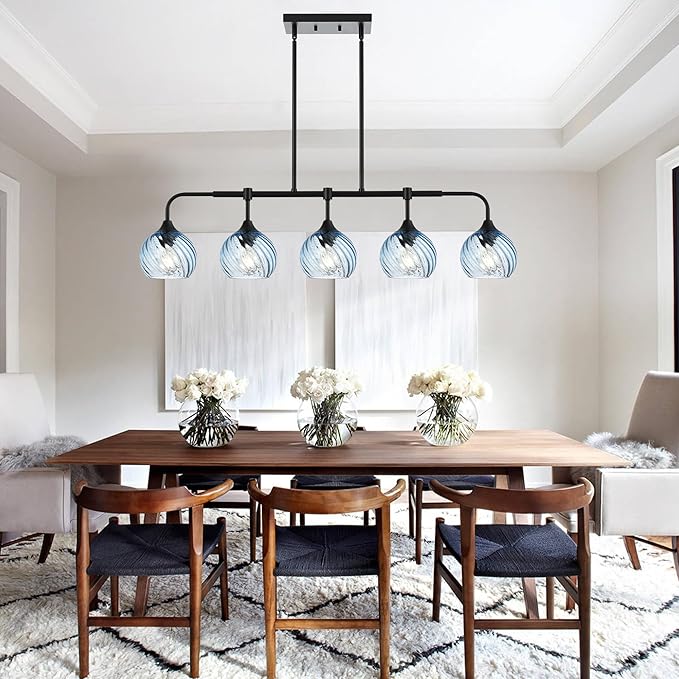 MELUCEE 5-Light Kitchen Island Lighting Linear Dining Room Light Fixtures Ceiling Hanging with Blue Striped Swirl Glass Shade, Modern Black Chandelier for Dining Room Kitchen Island Bar, E26 Base